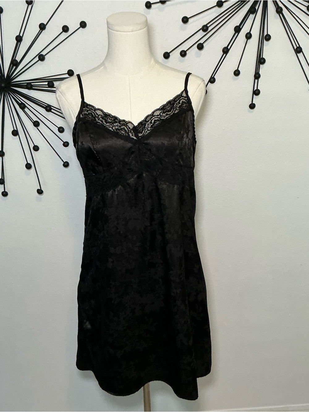 Shein Black Satin Lace Slip Dress XL Goth Y2K Floral Jacquard